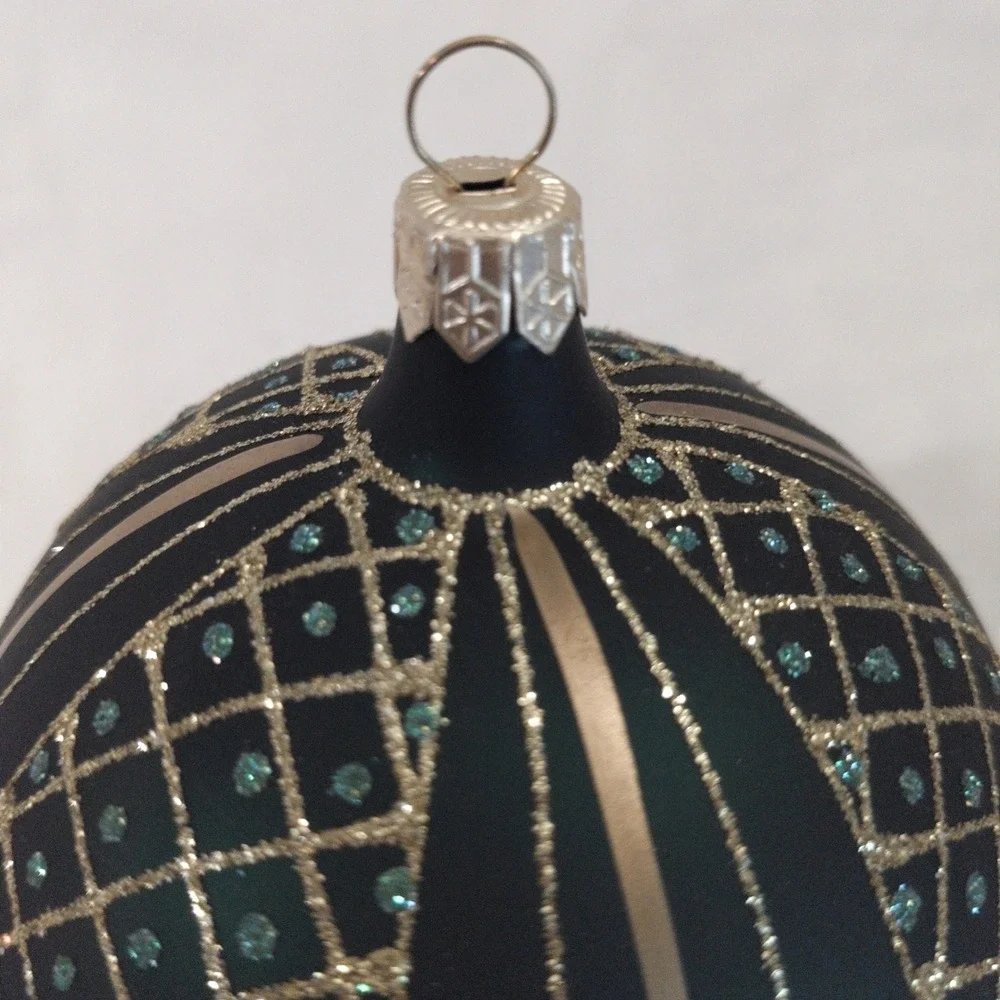 Emerald Green Glass Christmas Ball Ornament Gold Lattice Teal Glitter 3.25